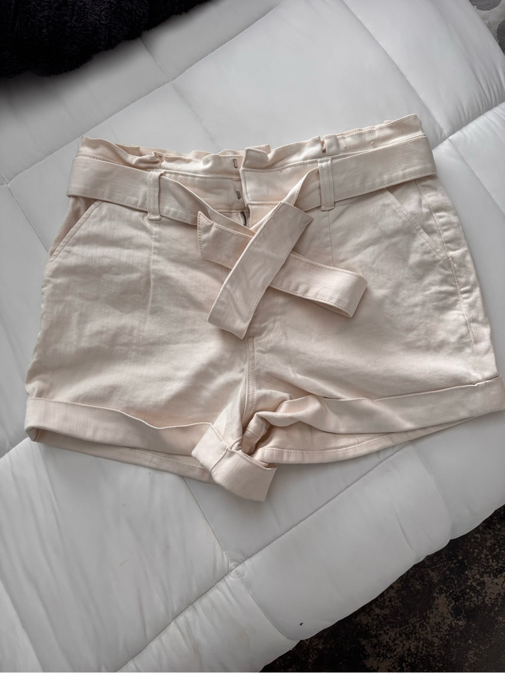 Express High-Waist Paper Bag Tie-Belt Shorts in Cream